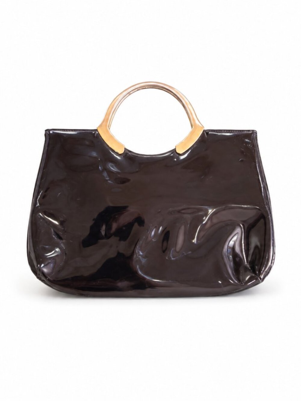 Vintage Black Evening Handbag with Shiny Black Faux Leather and Gold Handle
